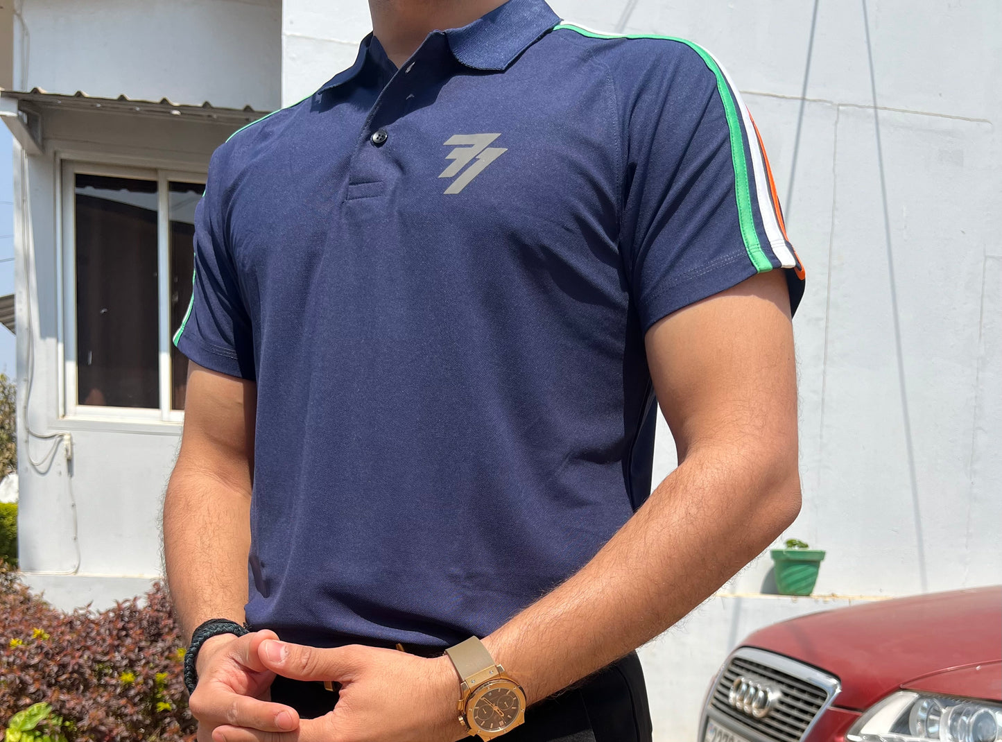 Solid Navy Polo - Independence tricolor strip jersey